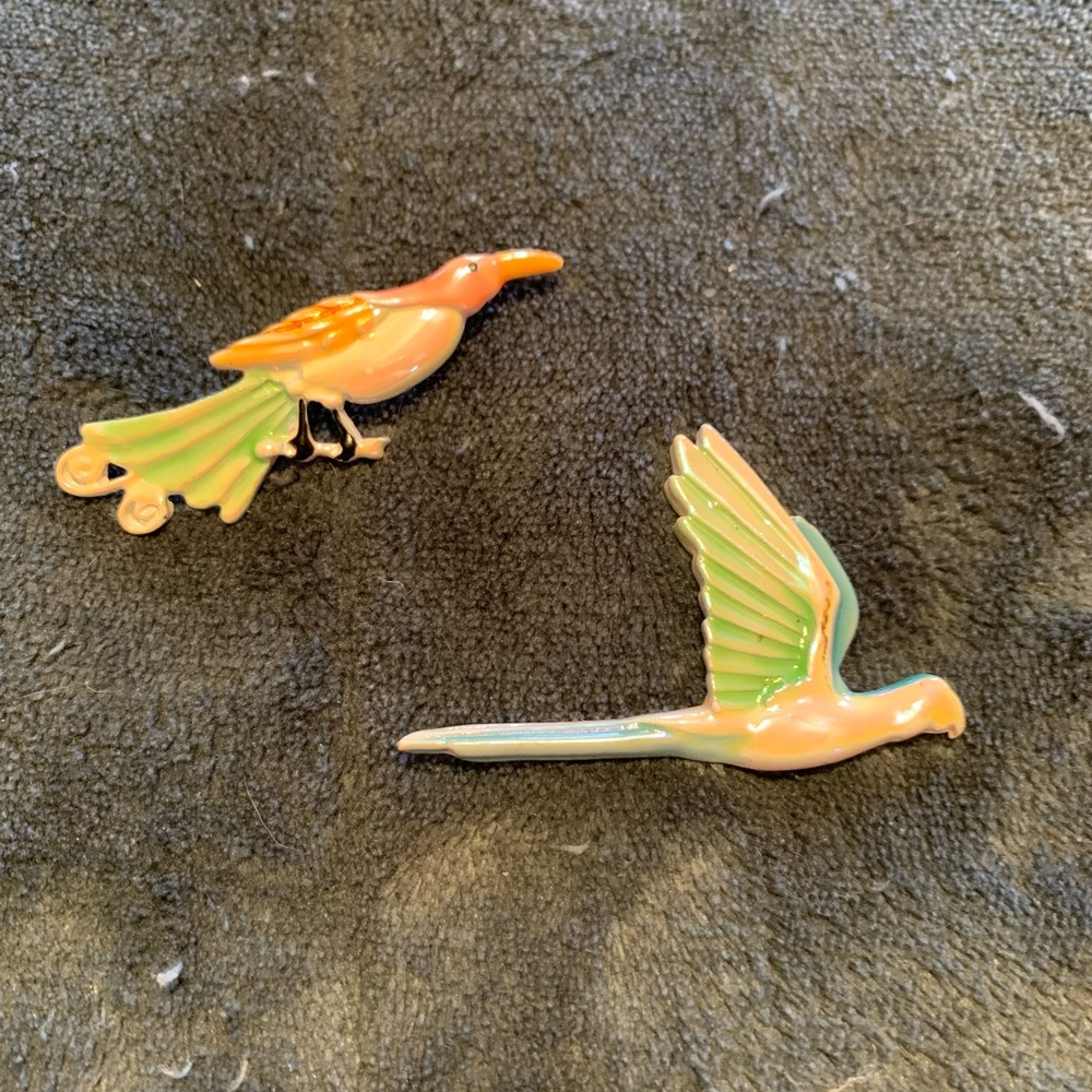 Vintage iridescent like bird scarf/ lapel pins.  2 pins.